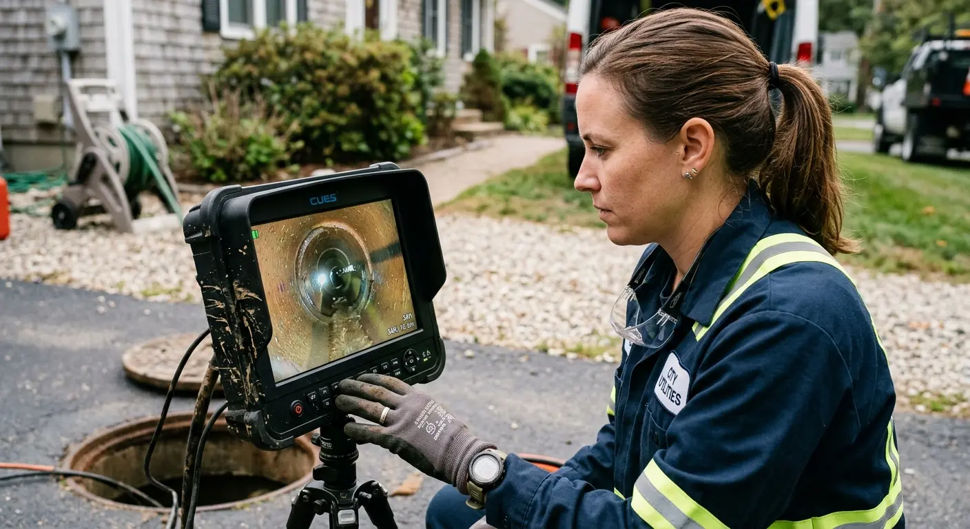 Technician reviewing sewer camera inspection footage in Ionia