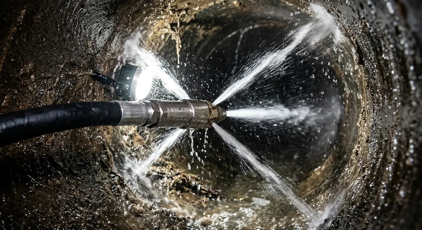 High-pressure hydro jetting nozzle cleaning sewer pipe for Emergency Drain Service in Ionia