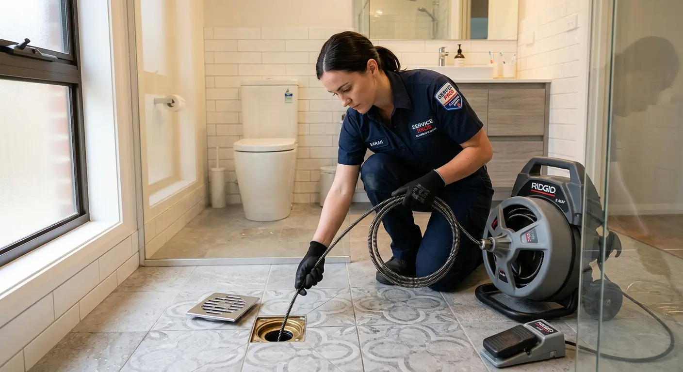 Technician clearing a bathroom floor drain for Clogged Drain Repair in Ionia